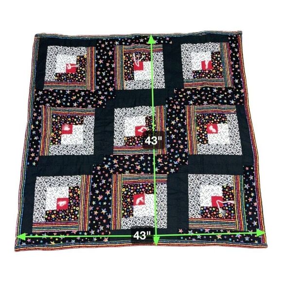 Small Square Quilt 43” Throw Blanket Handmade Stars Circles Geometric Black - Picture 2 of 5